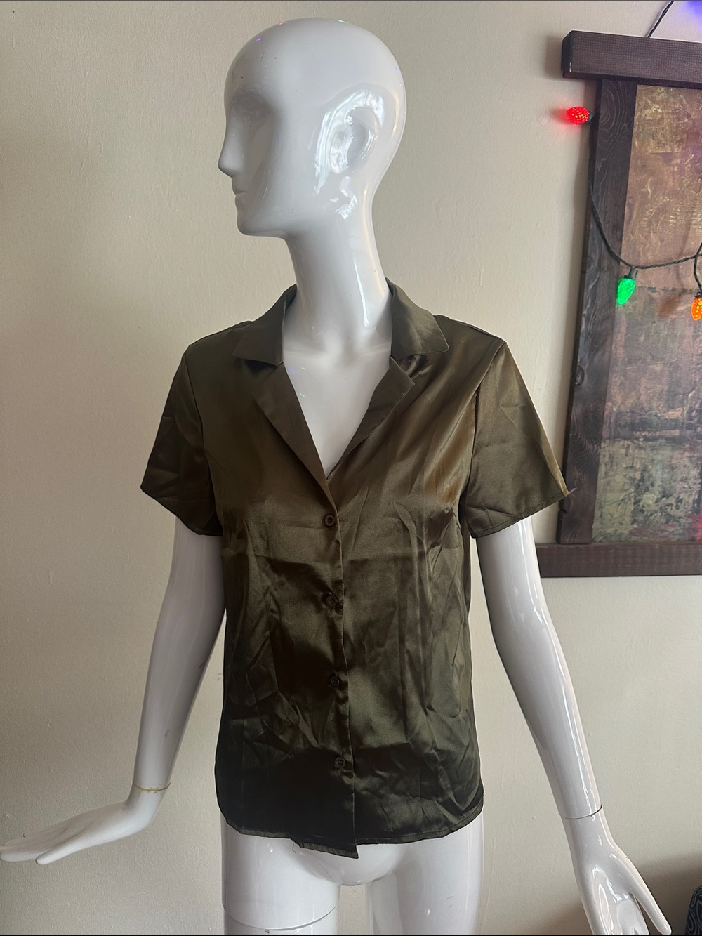 SHEIN Olive Green Satin Short-Sleeve Button-Up Chemise Top